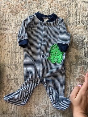 Carter's Navy & White Striped Footie with Green Dino Applique